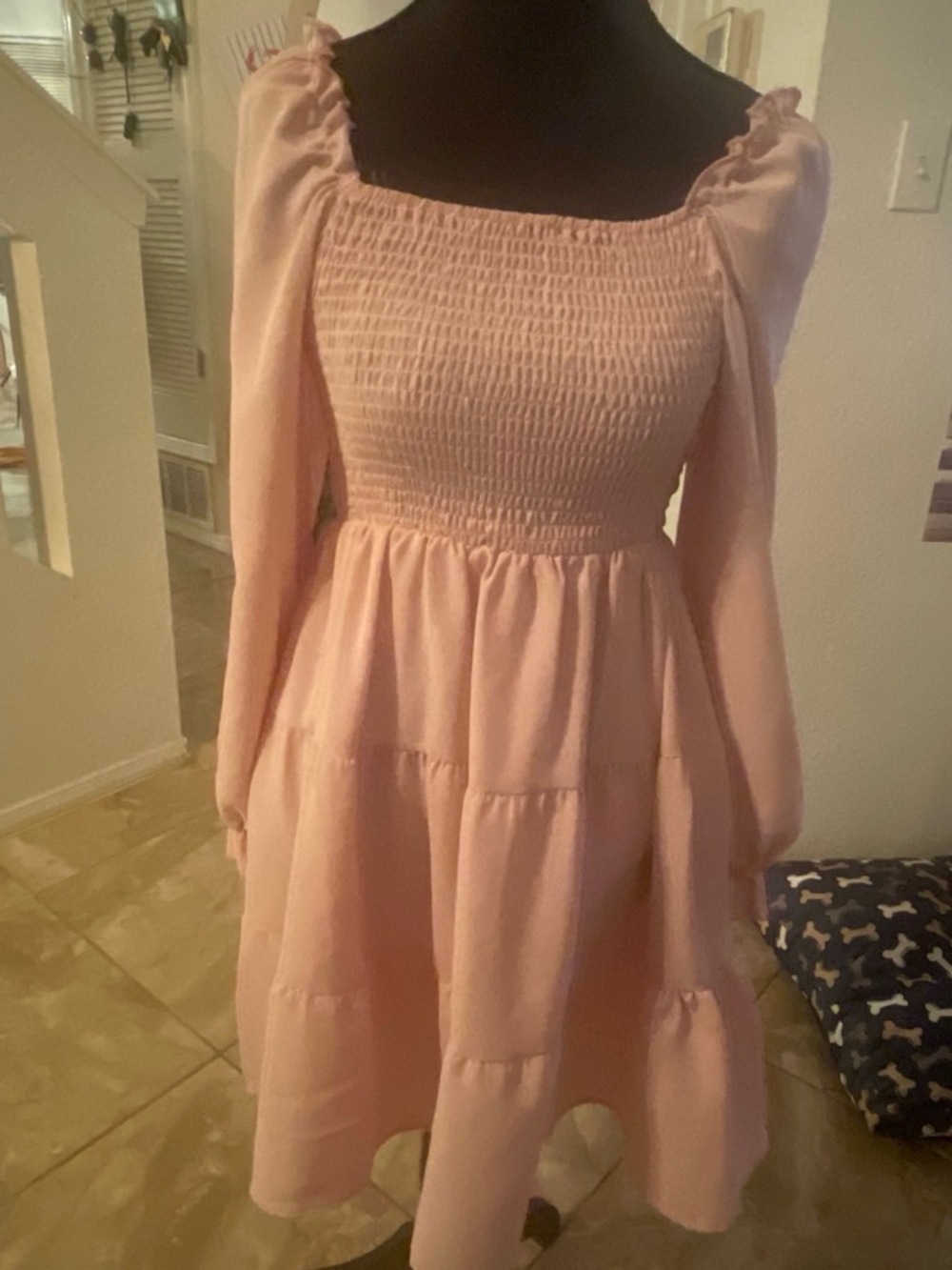 Smocked Square Neck Long Sleeve Pink Midi Dress